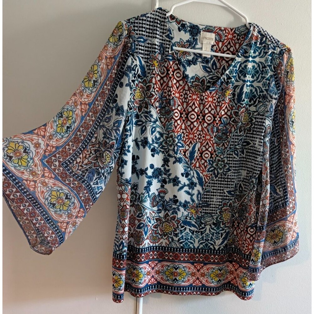 Chicos Multi Color Floral Patchwork  Blouse Sheer Bell Sleeve Med boho lagenlook